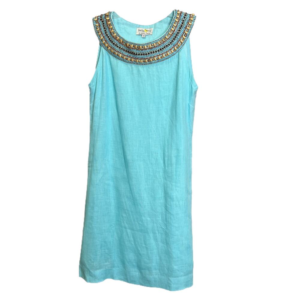 Bella‎ Tu Women's Sheath Dress Sz XS Linen Halter Neck Beaded Neck Lt Aqua